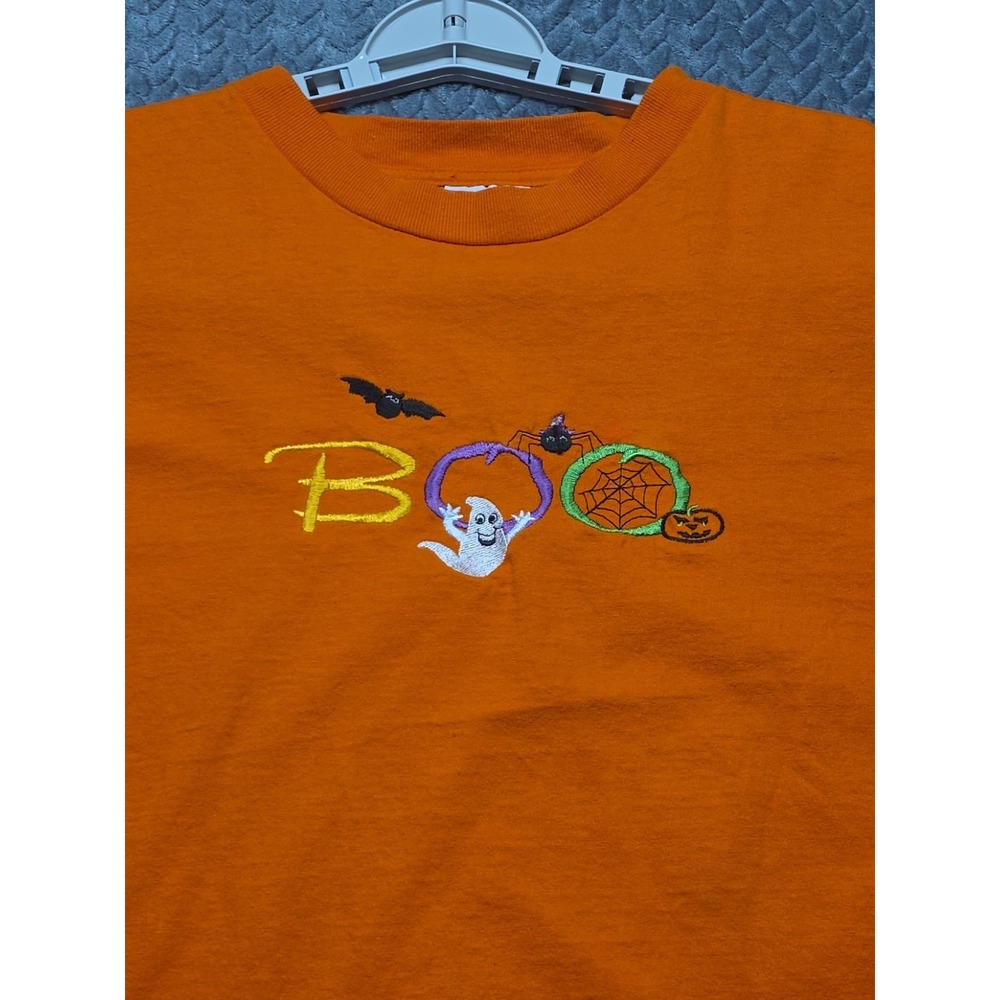 VTG Halloween T-Shirt Men's‎ XL Orange Embroidered Ghost Bat Spider Pumpkin Boo